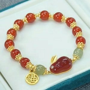 NEW Chinese Lucky Rabbit Stretch Beaded Bracelet Red Green Gold